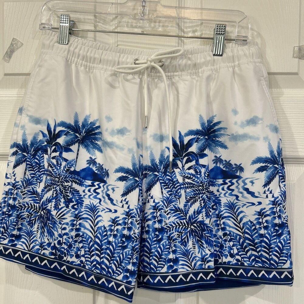 Robert Graham Men’s S Riviera Swim Shorts Bathing Suit White Blue Tropical